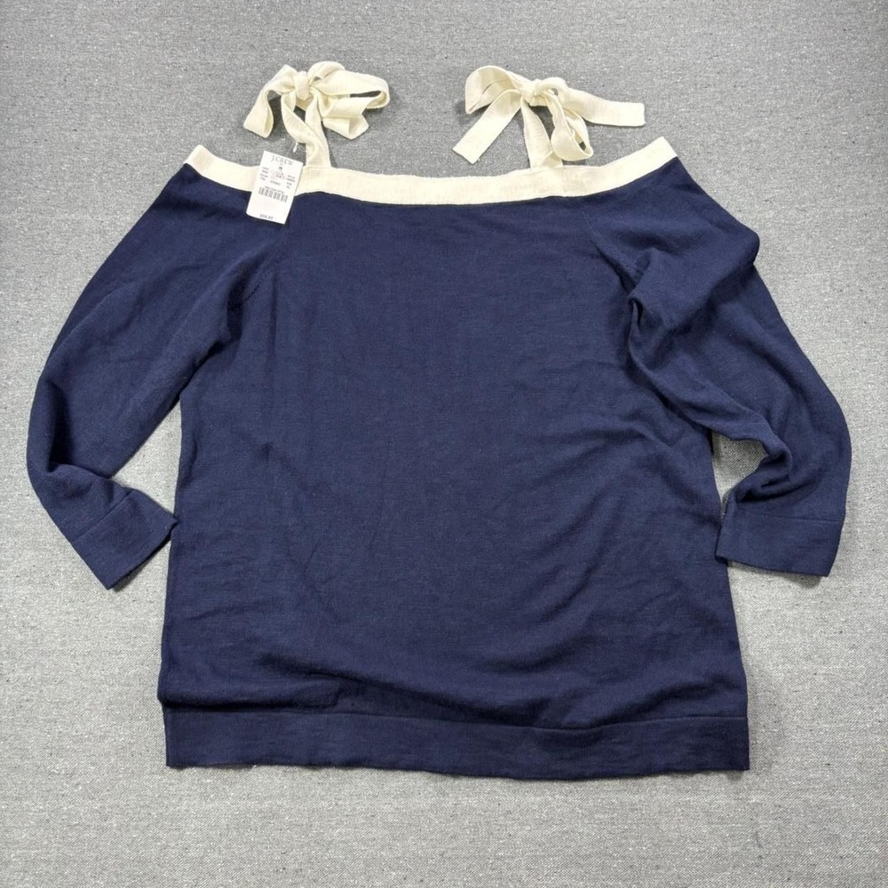 J.Crew Off The Shoulder Tie Sweater Womens XL Navy Blue NWT Knit Pullover Top